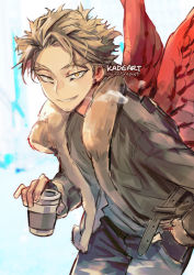 Rule 34 | 1boy, :d, artist name, blue pants, boku no hero academia, breath, clenched teeth, commentary request, cowboy shot, cup, denim, disposable cup, earrings, facial hair, feathered wings, forehead, fur trim, goatee, green jacket, hand in pocket, hawks (boku no hero academia), holding, holding cup, jacket, jeans, jewelry, kadeart, large wings, leaning forward, looking at viewer, male focus, open mouth, pants, parted bangs, platinum blonde hair, red wings, short hair, simple background, smile, solo, spiked hair, stubble, teeth, thick eyebrows, wings, yellow eyes