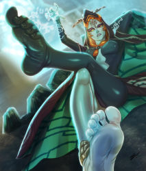 Rule 34 | 1girl, barefoot, breasts, colored sclera, energy, eyeshadow, feet, female focus, foot focus, from below, glowing, magic, makeup, midna, midna (true), multicolored skin, nintendo, orange hair, parted lips, red eyes, scamwich, soles, solo, tagme, the legend of zelda, the legend of zelda: twilight princess, thighs, toes, two-tone skin, yellow sclera