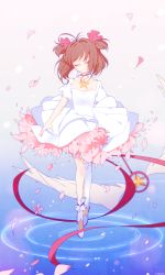 Rule 34 | 1girl, antenna hair, backlighting, bad id, bad pixiv id, brown hair, cardcaptor sakura, cherry blossoms, choker, closed eyes, closed mouth, commentary, dress, facing viewer, frilled choker, frills, full body, hair ribbon, highres, holding, holding wand, hoshi no tsue, kinomoto sakura, magical girl, maro (lij512), pink choker, pink ribbon, puffy short sleeves, puffy sleeves, ribbon, ripples, short sleeves, short twintails, single thighhigh, smile, solo, standing, standing on liquid, star (symbol), star choker, thighhighs, twintails, wand, water, white dress, white footwear, white thighhighs, wind