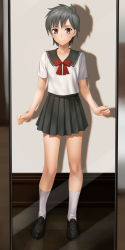 Rule 34 | 1girl, absurdres, besmiled, black footwear, black sailor collar, black skirt, blue eyes, bow, closed mouth, collarbone, commentary request, commission, full body, grey hair, highres, loafers, looking at viewer, mirror, original, pixiv commission, pleated skirt, red bow, reflection, sailor collar, school uniform, serafuku, shirt, shoes, short sleeves, skirt, smile, socks, solo, standing, white shirt, white socks, wooden floor