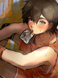 1boy blurry blurry_background blush brown_eyes brown_hair closed_mouth collarbone dark-skinned_male dark_skin highres juice_box kel_(faraway)_(omori) kel_(omori) male_focus nat_omogu omori orange_shorts short_hair shorts sitting solo sweat