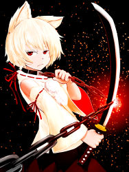 Rule 34 | 1girl, :/, animal collar, animal ears, bare shoulders, black skirt, blonde hair, broken, broken chain, chain, chain leash, chained, closed mouth, collar, detached sleeves, half-closed eyes, hand up, highres, holding, holding sword, holding weapon, inubashiri momiji, ja komurashi, japanese clothes, katana, leash, looking at viewer, multicolored clothes, multicolored skirt, no headwear, no tail, outstretched arm, pom pom (clothes), red eyes, red ribbon, red skirt, ribbon, ribbon-trimmed sleeves, ribbon trim, shirt, short hair, skirt, sleeveless, sleeveless shirt, solo, sparks, standing, sword, touhou, upper body, weapon, wide sleeves, wolf ears