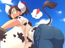 Rule 34 | !, 1girl, ass, blush, breasts, brown hair, cloud, cow girl, cow horns, cow tail, curvy, gigantic breasts, hair ribbon, hanging breasts, hataraki ari, horns, huge ass, leaning forward, looking at viewer, looking back, original, ribbon, sky, solo, sukimi, tail, thick thighs, thighs, wide hips, yellow eyes