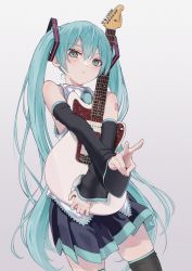 Rule 34 | 1girl, absurdres, aqua eyes, aqua hair, aqua necktie, black skirt, black thighhighs, blouse, blush, closed mouth, collared shirt, commentary request, cowboy shot, detached sleeves, electric guitar, grey background, grey shirt, guitar, hasisisissy, hatsune miku, highres, holding, holding instrument, huge filesize, instrument, long hair, long sleeves, looking at viewer, miniskirt, necktie, number tattoo, pleated skirt, shirt, shoulder tattoo, simple background, skindentation, skirt, sleeveless, sleeveless shirt, solo, tattoo, thighhighs, twintails, v, very long hair, vocaloid, zettai ryouiki
