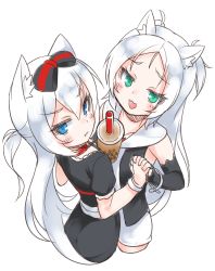 Rule 34 | 2girls, :d, :t, animal ear fluff, animal ears, azur lane, black bow, black dress, black gloves, blue eyes, blush, bow, bubble tea, bubble tea challenge, cat ears, closed mouth, commentary request, cowboy shot, cropped legs, cup, disposable cup, dress, drinking straw, elbow gloves, fingerless gloves, gloves, green eyes, hair between eyes, hair bow, hammann (azur lane), highres, holding hands, interlocked fingers, kirisame mia, long hair, looking at viewer, looking to the side, multiple girls, one side up, open mouth, pout, puffy short sleeves, puffy sleeves, short sleeves, simple background, sims (azur lane), smile, striped, striped bow, very long hair, wavy mouth, white background, white dress, white hair