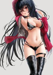 Rule 34 | 1girl, arm up, armpits, azur lane, bikini, black bikini, black choker, black hair, black thighhighs, blush, breasts, candy, choker, collarbone, commentary request, crossed bangs, feet out of frame, food, grey background, grey jacket, hair between eyes, hand up, head tilt, highleg, highleg bikini, holding, holding candy, holding food, holding lollipop, jacket, large breasts, latex, latex thighhighs, lollipop, long hair, looking at viewer, lukas reule, multicolored clothes, multicolored jacket, navel, open clothes, open jacket, parted lips, pink jacket, race queen, raised eyebrows, red eyes, red lips, signature, simple background, sleeves past elbows, solo, standing, stomach, swimsuit, taihou (azur lane), taihou (enraptured companion) (azur lane), thigh strap, thighhighs, two-sided fabric, two-tone jacket, very long hair