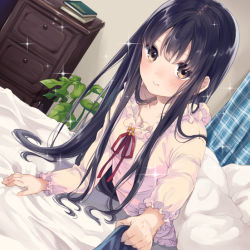 Rule 34 | 1girl, arm support, bed, black hair, blush, book, brown eyes, chest of drawers, closed mouth, clothes grab, collarbone, commentary request, curtains, dutch angle, frills, indoors, long hair, long sleeves, looking at viewer, original, pajamas, plant, pov, red ribbon, ribbon, smile, solo, sparkle, tamaki iori