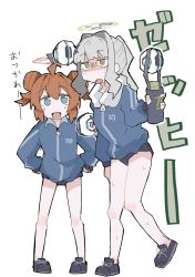 Rule 34 | 2girls, ahoge, bare legs, blue archive, blue eyes, bottle, buruma, closed jacket, cross hair ornament, double bun, exhausted, full body, green eyes, hair bun, hair ornament, halo, hands on own hips, hare (blue archive), highres, holding, holding bottle, jacket, long hair, long sleeves, maki (blue archive), multiple girls, pinkport, ponytail, red hair, shoes, short hair, sidelocks, simple background, sneakers, standing, sweat, towel, towel around neck, track jacket, water bottle, white background, white hair, zipper pull tab