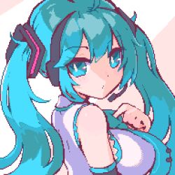 Rule 34 | 1girl, alternate breast size, blue eyes, blue hair, blue necktie, breasts, collared shirt, detached sleeves, from side, hand on own chest, hatsune miku, headset, long hair, lowres, medium breasts, necktie, pixel art, shirt, sleeveless, sleeveless shirt, solo, takummui, twintails, vocaloid, white shirt