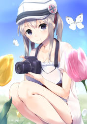 Rule 34 | 10s, 1girl, alternate costume, alternate headwear, animal, bare legs, blonde hair, blue sky, blurry, blush, breasts, bug, butterfly, camera, canon (company), cleavage, closed mouth, collarbone, cross, day, depth of field, dress, flower, gedou (shigure seishin), graf zeppelin (kancolle), hair ribbon, hat, head tilt, holding, holding camera, insect, iron cross, jacket, kantai collection, lens flare, long hair, medium breasts, no legwear, open clothes, open jacket, ribbon, short hair with long locks, short sleeves, sidelocks, sile, sky, smile, solo, squatting, sunlight, tareme, tulip, twintails, white dress, white hat, white jacket