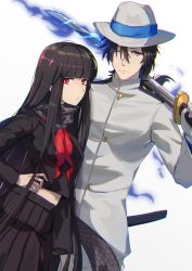 Rule 34 | 1boy, 1girl, aura, black hair, black serafuku, black skirt, commentary request, fate (series), gloves, grey scarf, hand on own hip, hat, highres, holding, holding sword, holding weapon, hsin, jacket, koha-ace, long hair, looking at viewer, midriff peek, navel, neckerchief, one eye closed, oryou (fate), over shoulder, pleated skirt, red eyes, sailor collar, sakamoto ryouma (fate), scabbard, scarf, school uniform, serafuku, sheath, simple background, skirt, sword, very long hair, weapon, weapon over shoulder, white background, white gloves, white hat, white jacket