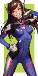 Rule 34 | 1girl, animal print, bad id, bad pixiv id, blue bodysuit, bodysuit, border, breasts, brown eyes, brown hair, clenched hand, cowboy shot, d.va (overwatch), facepaint, facial mark, gloves, green background, grin, hair flip, hand on own hip, headphones, high collar, highres, legs apart, long hair, looking at viewer, medium breasts, overwatch, overwatch 1, penguyeon, pilot suit, rabbit print, ribbed bodysuit, shoulder pads, simple background, skin tight, smile, solo, swept bangs, whisker markings, white border, white gloves