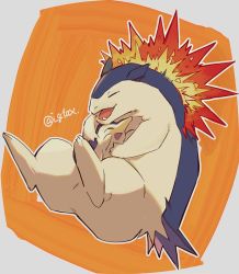 Rule 34 | border, commentary request, creatures (company), cyndaquil, closed eyes, fangs, fire, game freak, gen 2 pokemon, i g1ax, nintendo, no humans, open mouth, orange background, outline, pokemon, pokemon (creature), tongue, twitter username, typhlosion, white border