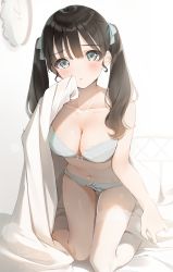 Rule 34 | 1girl, :t, bare arms, bare shoulders, black hair, blanket, blue eyes, blurry, blush, bra, breasts, cleavage, clock, closed mouth, collarbone, commentary request, depth of field, grey bra, grey panties, hair ribbon, hand up, head tilt, highres, kinako (shiratama mochi), kneeling, lingerie, long hair, looking at viewer, medium breasts, navel, original, panties, pout, ribbon, sidelocks, single thighhigh, solo, thighhighs, twintails, underwear, underwear only, white thighhighs