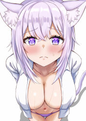 Rule 34 | 1girl, animal ear fluff, animal ears, blush, breasts, cat ears, cat girl, cat tail, closed mouth, crossed bangs, from above, hair between eyes, highres, hololive, large breasts, looking at viewer, navel, nekomata okayu, nootomo, open clothes, open shirt, panties, purple eyes, purple hair, purple panties, shirt, tail, underwear, virtual youtuber, white shirt