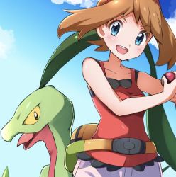 Rule 34 | 1girl, bare arms, blue eyes, blush, brown hair, cloud, collarbone, commentary request, creatures (company), day, eyelashes, fanny pack, floating hair, game freak, gen 3 pokemon, grovyle, hairband, holding, holding poke ball, looking at viewer, may (pokemon), miyama (yakinikusushi the royal), nintendo, open mouth, outdoors, poke ball, poke ball (basic), pokemon, pokemon (creature), pokemon oras, red hairband, red tank top, shorts, sky, tank top, teeth, white shorts