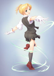 Rule 34 | 1girl, black socks, black vest, blonde hair, brown footwear, commentary request, dancing, from behind, gloves, green eyes, highres, kantai collection, kneehighs, loafers, maikaze (kancolle), metadio, open mouth, outstretched arms, parted bangs, pleated skirt, ponytail, school uniform, shirt, shoes, skirt, socks, solo, spinning, standing, standing on one leg, vest, white gloves, white shirt