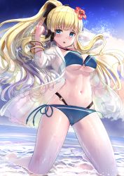 Rule 34 | 1girl, :o, absurdres, aqua bikini, bare shoulders, barefoot, beach, bikini, black bow, blonde hair, blue eyes, blush, bow, bracelet, breasts, cleavage, cloud, commentary, elf, floating hair, flower, full body, groin, hair bow, hair flower, hair ornament, hand up, high ponytail, highres, jacket, jewelry, kneeling, large breasts, layered bikini, long hair, looking at viewer, navel, o-ring, o-ring bikini, o-ring top, ocean, official alternate costume, open clothes, open jacket, outdoors, pointy ears, ponytail, princess connect!, saren (princess connect!), saren (summer) (princess connect!), see-through, side-tie bikini bottom, sidelocks, skindentation, solo, stomach, swimsuit, twilight, underboob, wanderlucia, wet