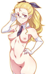 Rule 34 | 1girl, adjusting eyewear, assam (girls und panzer), blonde hair, breasts, cowboy shot, detached collar, elbow gloves, em (totsuzen no hakike), female pubic hair, girls und panzer, gloves, hand on own hip, long hair, looking at viewer, naked necktie, navel, necktie, nipples, nude, pubic hair, pussy, small breasts, smile, solo, thighhighs, thighs, uncensored, white background, white gloves