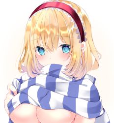 Rule 34 | 1girl, alice margatroid, bad id, bad pixiv id, blonde hair, blue eyes, blush, breasts, covering own mouth, eyes visible through hair, furrowed brow, hairband, large breasts, lolita hairband, looking at viewer, naked scarf, nanase nao, scarf, short hair, simple background, solo, striped clothes, striped scarf, touhou, underboob, upper body, white background