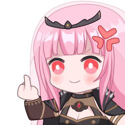 Rule 34 | 1girl, anger vein, black cloak, black dress, breasts, bright pupils, cleavage, cloak, dress, hololive, hololive english, long hair, medium breasts, middle finger, mori calliope, mori calliope (1st costume), pink eyes, pink hair, smile, solo, spikes, tiara, veil, virtual youtuber, white pupils, zephylyne
