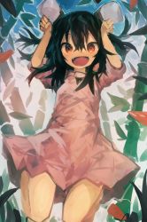 Rule 34 | 1girl, absurdres, animal ears, arms up, bamboo, bamboo forest, black hair, carrot, carrot necklace, dress, fang, forest, hair between eyes, highres, inaba tewi, jewelry, jumping, kaamin (mariarose753), looking at viewer, nature, necklace, open mouth, outdoors, paw pose, pink dress, rabbit ears, red eyes, short sleeves, smile, solo, touhou