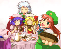 Rule 34 | 5girls, blonde hair, blue eyes, blue hair, book, bow, braid, china dress, chinese clothes, doughnut, dress, eating, embodiment of scarlet devil, female focus, flandre scarlet, food, food on face, gift, gradient background, green eyes, happy, hat, hong meiling, izayoi sakuya, kanoe soushi, long hair, maid, mob cap, multiple girls, patchouli knowledge, purple eyes, purple hair, red eyes, red hair, remilia scarlet, ribbon, short hair, silver hair, sitting, skirt, tea, touhou, twin braids, upper body, white background
