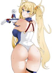 Rule 34 | 1girl, ass, back, bare shoulders, bradamante (fate), braid, breasts, colorized, cross-body stretch, crossed arms, crown braid, dripping, elbow gloves, fate/grand order, fate (series), food, french braid, gloves, highleg, highleg leotard, large breasts, leotard, long hair, looking at viewer, looking back, noodles, sideboob, simple background, soba (saz), solo, stretching, sweat, thick thighs, thigh gap, thigh strap, thighs, third-party edit, twintails, very long hair, wedgie, white background, wide hips