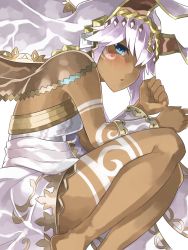 Rule 34 | 1girl, bare legs, barefoot, blue eyes, blush, bodypaint, bracer, clenched hands, commentary request, dark-skinned female, dark skin, egyptian, egyptian clothes, from side, gold trim, hands up, headdress, highres, knees up, long hair, looking at viewer, looking to the side, mosamune, parted lips, puzzle &amp; dragons, simple background, solo, sopdet (p&amp;d), white background, white hair