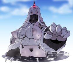 Rule 34 | 1girl, abyssal ship, blue sky, breasts, breasts out, claws, colored skin, curvy, detached sleeves, dress, female pubic hair, horns, huge breasts, kantai collection, long hair, nipples, no bra, no panties, pale skin, partially submerged, pubic hair, pussy, ribbed dress, seaport princess, short dress, single horn, sky, solo, thick thighs, thighs, uenoshita sayuu, very long hair, water, white hair, white skin, wide hips, yellow eyes