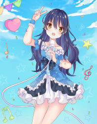 Rule 34 | 1girl, artist name, artist request, balloon, bare legs, bare shoulders, black bow, black skirt, blue hair, blue skirt, blue sky, blue wrist cuffs, blush, bow, breasts, brown eyes, cloud, collarbone, day, dress, female focus, frilled dress, frilled skirt, frills, hair between eyes, heart balloon, highres, holding, holding microphone, long hair, looking at viewer, love live!, love live! school idol festival, love live! school idol project, microphone, miniskirt, musical note, nail, nail polish, outdoors, parted lips, pink nails, pink nails, plaid, plaid dress, plaid skirt, pleated, pleated dress, pleated skirt, skirt, sky, smile, solo, sonoda umi, star (symbol), string of fate, v, white skirt, wrist cuffs, yellow eyes