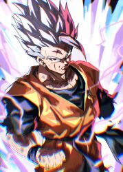 Rule 34 | 1boy, amputee, aura, belt, blue belt, blue shirt, clenched hand, closed mouth, commentary request, dougi, dragon ball, dragon ball super, dragon ball super super hero, dragonball z, electricity, gohan beast, highres, looking at viewer, male focus, missing limb, orange shirt, pectoral cleavage, pectorals, red eyes, scar, scar on face, scene reference, shirt, simple background, solo, son gohan, son gohan (future), spiked hair, tears, tkht 9315, white hair