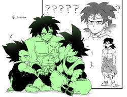 Rule 34 | 4boys, ?, ??, abs, armlet, boots, broly (dragon ball super), broly (dragon ball z), commentary request, dougi, dragon ball, dragon ball super, dragon ball super broly, dragonball z, dual persona, earrings, facial scar, gloves, greyscale, index finger raised, indian style, jewelry, limited palette, male focus, monochrome, multiple boys, neck ring, open mouth, scar, scar on cheek, scar on chest, scar on face, senka-san, sitting, smile, son goku, topless male, twitter username, vegeta