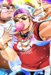 Rule 34 | 2boys, ashigara (housamo), backwards hat, bara, bear, brown hair, chain, chain necklace, chewing gum, chikichan, facial hair, ghost, hat, highres, jewelry, male focus, multiple boys, muscular, muscular male, necklace, rapping, ring, short hair, sideburns, stubble, sunglasses, tamamura gunzo, thick eyebrows, tokyo houkago summoners