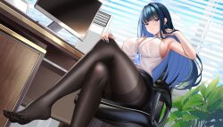 1girl black_hair blue_archive blue_eyes breasts chair crossed_legs desk feet hand_on_own_knee highres jinpaitugounan lanyard large_breasts light_blush long_hair looking_at_viewer miniskirt office_chair office_lady pantyhose saori_(blue_archive) sitting skirt sleeveless swivel_chair toes