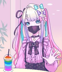Rule 34 | 1girl, black bow, black choker, black ribbon, blouse, blue eyes, blue hair, bow, center frills, choker, chouzetsusaikawa tenshi-chan, cup, disposable cup, drinking straw, eencya, frilled shirt, frills, hair bow, hair ribbon, indoors, jirai kei, long hair, long sleeves, looking at viewer, mask, mouth mask, multicolored hair, needy girl overdose, official alternate costume, official alternate hairstyle, official art, open hand, pink hair, pink shirt, pixel art, quad tails, ribbon, second-party source, shirt, solo, upper body