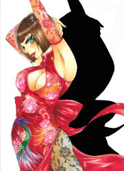 Rule 34 | 1girl, 96neko mtm, anna williams, bad id, bad pixiv id, blush, bob cut, breasts, brown hair, china dress, chinese clothes, cleavage cutout, clothing cutout, death by degrees, dress, female focus, fingerless gloves, gloves, green eyes, large breasts, light smile, lips, looking at viewer, pantyhose, short hair, solo, tekken