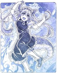 Rule 34 | 10s, 1girl, :d, blue theme, bouncing breasts, breasts, breath weapon, breathing fire, dragon, dragon girl, dragon horns, dragon tail, dress, fang, fire, gloves, hair between eyes, highres, horns, kobayashi-san chi no maidragon, large tail, long hair, maid, maid headdress, medium breasts, monochrome, open mouth, outline, profile, puffy short sleeves, puffy sleeves, sakino shingetsu, shoes, short sleeves, slit pupils, smile, tail, tohru (maidragon), twintails, very long hair
