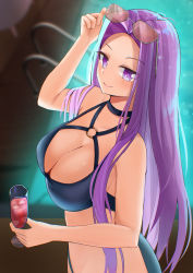 Rule 34 | 1girl, absurdres, adjusting eyewear, blurry, blurry background, breasts, cleavage, closed mouth, commentary, criss-cross halter, dot nose, english commentary, fate/grand order, fate/stay night, fate (series), forehead, glass, halterneck, hand up, highres, holding, iro (boo iro), long hair, medusa (fate), medusa (rider) (fate), o-ring, o-ring top, outdoors, pool, purple eyes, purple hair, smile, solo, swimsuit, upper body, v-shaped eyebrows