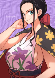 Rule 34 | 1girl, aosora2823, artist name, black hair, blue eyes, blush, bow, closed mouth, commentary request, hair bow, highres, japanese clothes, kimono, long hair, low ponytail, nico robin, one piece, ponytail, red bow, smile, solo, traditional clothes
