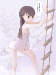 Rule 34 | 1girl, 2boys, bad id, bad tumblr id, blush, breasts, brown eyes, brown hair, commentary request, frown, full body, kokudou juunigou, ladder, leaning forward, long hair, looking at viewer, multiple boys, naked towel, off shoulder, onsen, open mouth, original, rope ladder, small breasts, towel, translation request, water, white towel