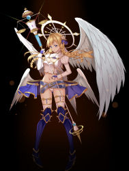 Rule 34 | 1girl, absurdres, angel wings, anklet, armored boots, aselica, belt, black background, blonde hair, blue eyes, blue footwear, boots, braid, breasts, cleavage, crop top, feathered wings, floating hair, full body, gradient background, hair ornament, halo, highres, holding, jewelry, juliet sleeves, king&#039;s raid, koyaya, long hair, long sleeves, looking at viewer, medium breasts, midriff, navel, panties, puffy sleeves, revealing clothes, shirt, smile, solo, staff, stomach, thigh boots, thighhighs, thighs, twin braids, underwear, white panties, white shirt, wings