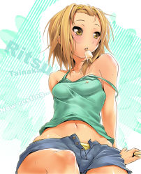 Rule 34 | 00s, 1girl, arm at side, bare shoulders, blush, body blush, breasts, brown eyes, brown hair, camisole, character name, collarbone, denim, denim shorts, english text, food, hairband, hot, k-on!, looking away, looking to the side, medium breasts, messy, messy hair, midriff, mouth hold, navel, nilitsu, off shoulder, open fly, panties, panty peek, popsicle, short hair, short shorts, shorts, sitting, solo, strap slip, sweat, tainaka ritsu, tan, tank top, tomboy, unbuttoned, underwear, unzipped, yellow panties