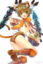 Rule 34 | 1girl, :3, a.yuuki, animal ears, ass, boots, bracelet, breasts, brown hair, dual wielding, fang, feather hair ornament, feathers, green eyes, hair ornament, hairband, holding, jewelry, knee boots, lots of jewelry, nail polish, original, seiken orochi chronicle, short hair, simple background, solo, tail, underboob, weapon, white background