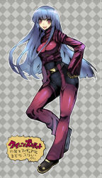 Rule 34 | 1girl, blue hair, breasts, chaps, checkered background, cropped jacket, gloves, hand on own hip, kula diamond, long hair, piaisai, purple eyes, smile, solo, the king of fighters, very long hair