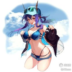 Rule 34 | 1girl, :d, arknights, azema, bare shoulders, baseball cap, bikini, black jacket, blue bikini, blue hair, blue hat, blue shorts, blue sky, breasts, ch&#039;en (arknights), ch&#039;en the holungday (arknights), cleavage, cloud, cropped legs, day, dragon horns, eyewear on headwear, front-tie bikini top, front-tie top, groin, hair between eyes, hat, highres, horns, horns through headwear, jacket, large breasts, long hair, long sleeves, looking at viewer, micro shorts, navel, off shoulder, official alternate costume, open clothes, open jacket, open mouth, red eyes, shorts, sidelocks, sky, smile, solo, stomach, sunglasses, swimsuit, thighs