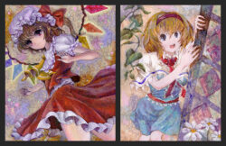 Rule 34 | 2girls, alice margatroid, ascot, blonde hair, cowboy shot, dress, flandre scarlet, frilled dress, frills, from below, hairband, hat, hat ribbon, highres, looking at viewer, multiple girls, open mouth, painting (medium), puffy short sleeves, puffy sleeves, red dress, red eyes, red hairband, red ribbon, ribbon, short hair, short sleeves, syuraime 0, touhou, traditional media, watercolor (medium), white mob cap, yellow ascot