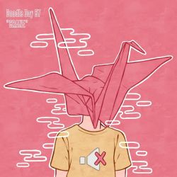 Rule 34 | 1other, english text, faceless, hanaan, object head, origami, original, outline, paper crane, pink background, portrait, print shirt, shirt, short sleeves, solo, white outline, yellow shirt