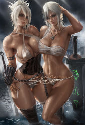 Rule 34 | 2girls, abs, ass, grabbing another&#039;s breast, breasts, chain, ciri, cleavage, curvy, grabbing, large breasts, league of legends, looking at viewer, multiple girls, navel, panties, ponytail, riven (league of legends), sakimichan, scar, smile, sword, the witcher (series), the witcher 3, underwear, water, weapon, white hair, wide hips
