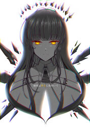 Rule 34 | 1girl, absurdres, antenna hair, arknights, ascot, backlighting, blunt bangs, broken halo, chromatic aberration, closed mouth, collared jacket, commentary request, cropped torso, dark halo, detached wings, energy wings, eyelashes, greyscale, halo, highres, hime cut, jacket, long hair, looking at viewer, mole, mole under eye, monochrome, partial commentary, sakana kei, shadow, sidelocks, simple background, smile, solo, spot color, standing, straight-on, straight hair, strap, translation request, upper body, virtuosa (arknights), wing collar, wings, yellow eyes